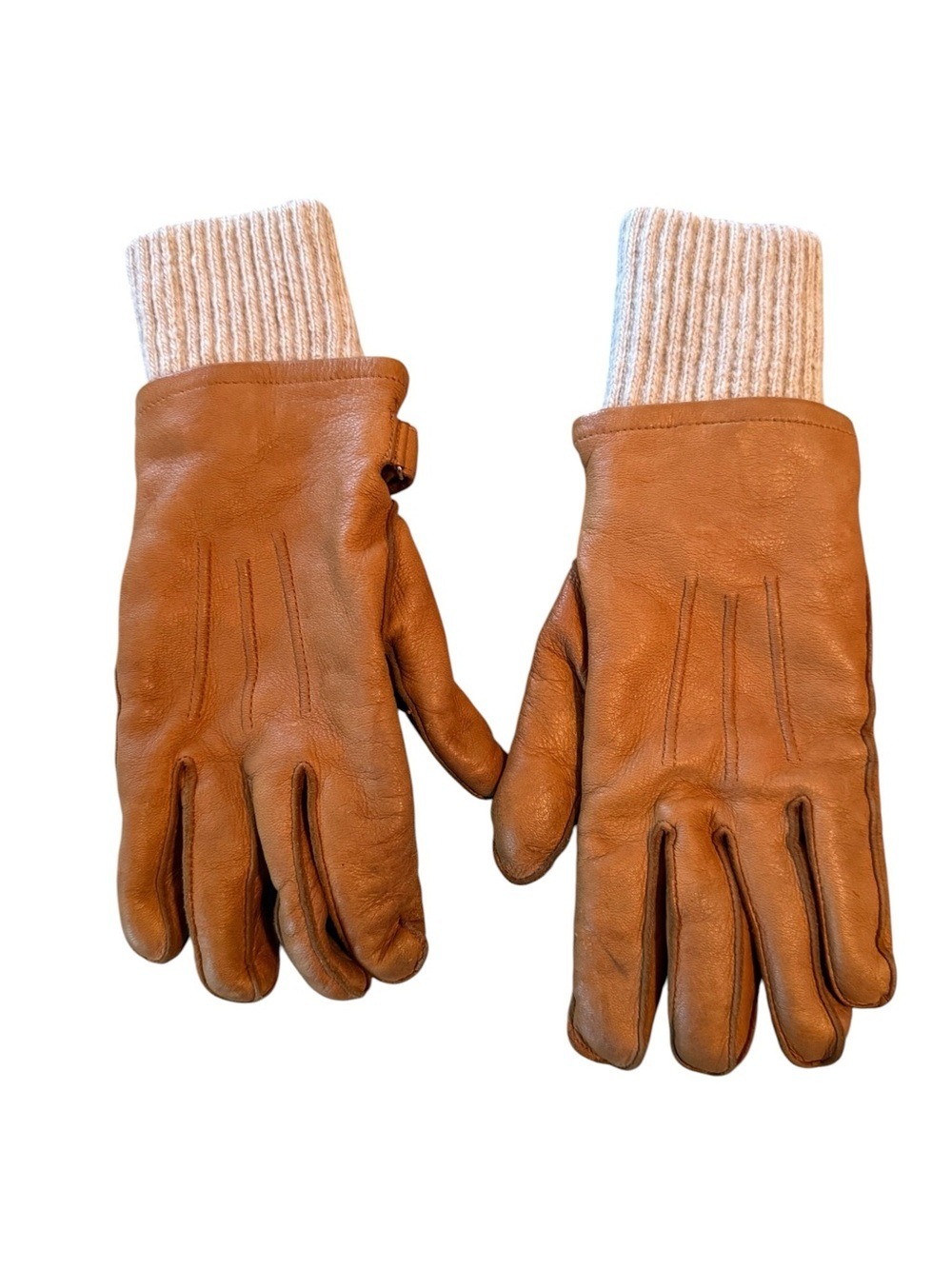 Lands End Cognac Leather Gloves Cream Knit Cuff